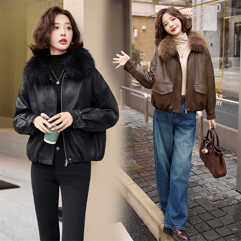 海宁皮衣短外套女2024新款秋冬真毛领小个子加绒加厚皮毛一体大衣,女装皮衣,江南女神