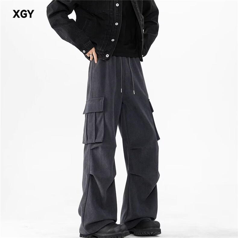 YK93-P35美式褶皱大口袋工装裤嘻哈直筒伞兵复古街舞男休闲长裤,男装工装外套,电商B323A