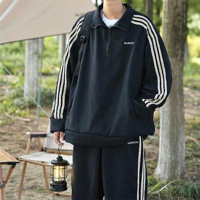 运动套装男情侣美式休闲三条杠宽松长袖外套卫衣两件套W5221-P66,男装休闲套装,星座412-2