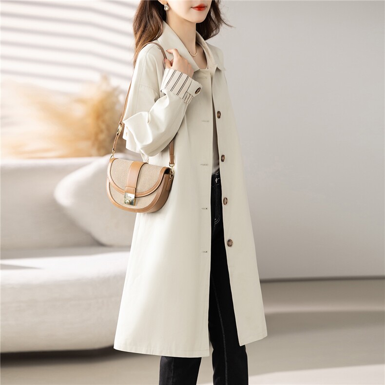 米白色气质中长款风衣外套女2025秋季新款时尚翻领休闲高级感大衣,女装风衣,慕咨