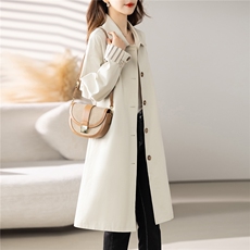 米白色气质中长款风衣外套女2025秋季新款时尚翻领休闲高级感大衣，女装风衣，慕咨