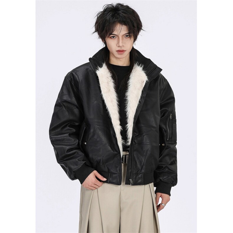 短款宽松座山雕飞行员PU夹克皮毛一体外套加绒棉服男MS5031,男装夹克,星座1116A（原606A-3）