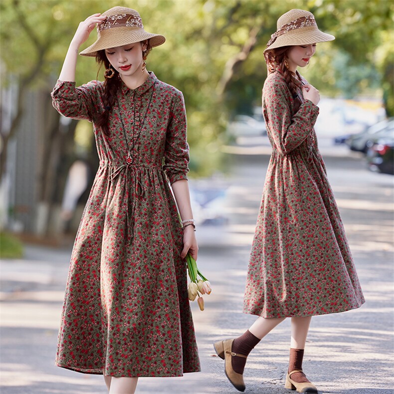 连衣裙女春秋款2025年新款收腰气质减龄中年妈妈全棉长袖碎花裙子,商品下架区,水衣源