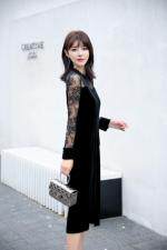 金丝绒搭配蕾丝连衣裙五个码M、乚、XL、XXL、XXX，女装连衣裙，拉思维加丝