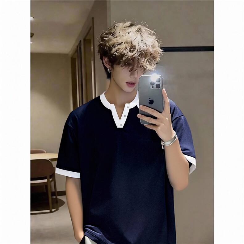 2026夏季新款潮亨利领拼色小V领索罗娜短袖T恤TX701-P35，男装T恤，电商C310