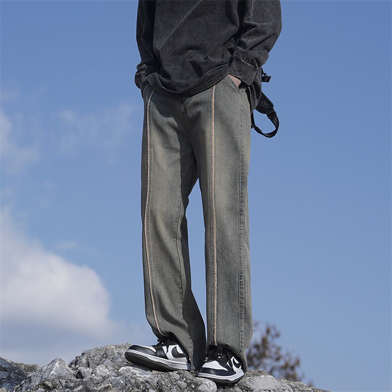 美式高街复古潮流牛仔裤微喇直筒拼接设计XZ225-3-CK901-P55控75,男装牛仔裤,星座225-3