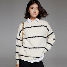 秋季新款时尚简约百搭显瘦半高领条纹拼接35%羊绒衫，女装羊绒衫，隆秋羊绒