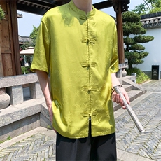 新中式外景夏季新款冰丝暗纹竹子提花上衣短袖T恤T2802-P65-控88，男装T恤，电商A021