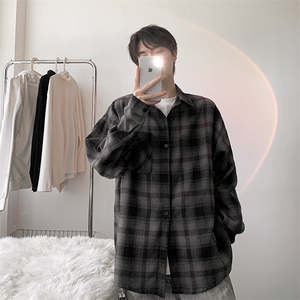 衬衫男秋季新款港风宽松大码磨毛格子长袖衬衣CS6639-P35图片