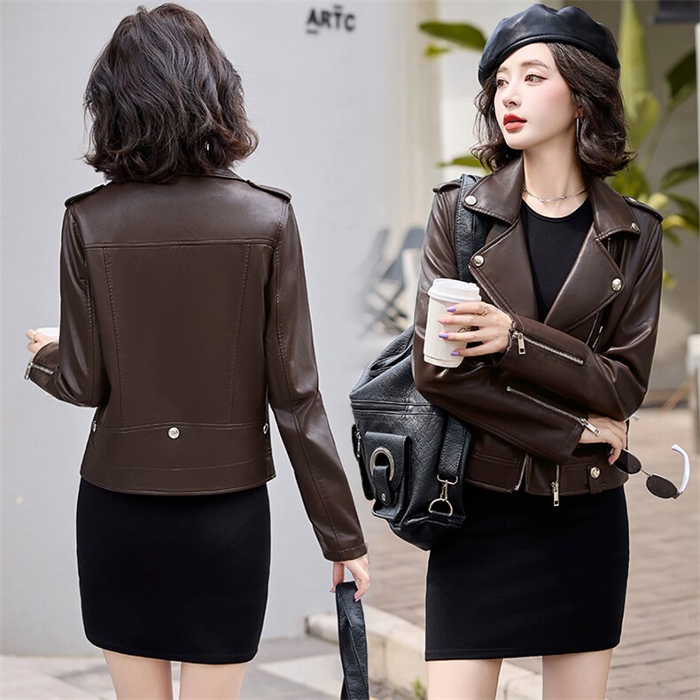 现货韩版修身皮衣外套女短款2024年秋新款仿真绵羊皮女士皮夹克，女装皮衣，潮流依族