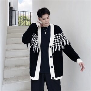 新款千鸟格针织开衫毛衣男时尚流苏百搭毛衫外套A452--MY24--P115图片