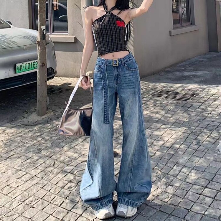 秋冬新款美式复古拼接微喇叭牛仔裤女显瘦设计感腰带马蹄阔腿裤子图片