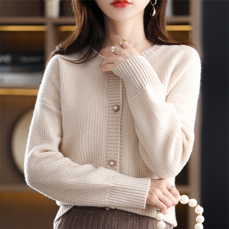 长袖针织开衫女宽松百搭纯色羊毛休闲外套上衣,女装羊毛衫,恩泰羊绒
