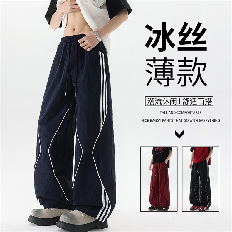美式高街条纹裤子男夏季冰丝宽松冲锋户外工装伞兵阔腿裤KZ047P55图片