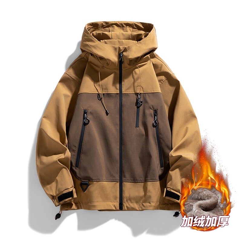 AJ129-P98冬季加绒加厚连帽冲锋衣防风防水插色拼接棉衣外套,男装棉衣,星座109