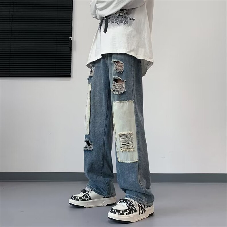 西海岸美式vibe裤子高街拼接破洞牛仔裤男款夏季乞丐裤K6039-P55,男装牛仔裤,星座1109-3