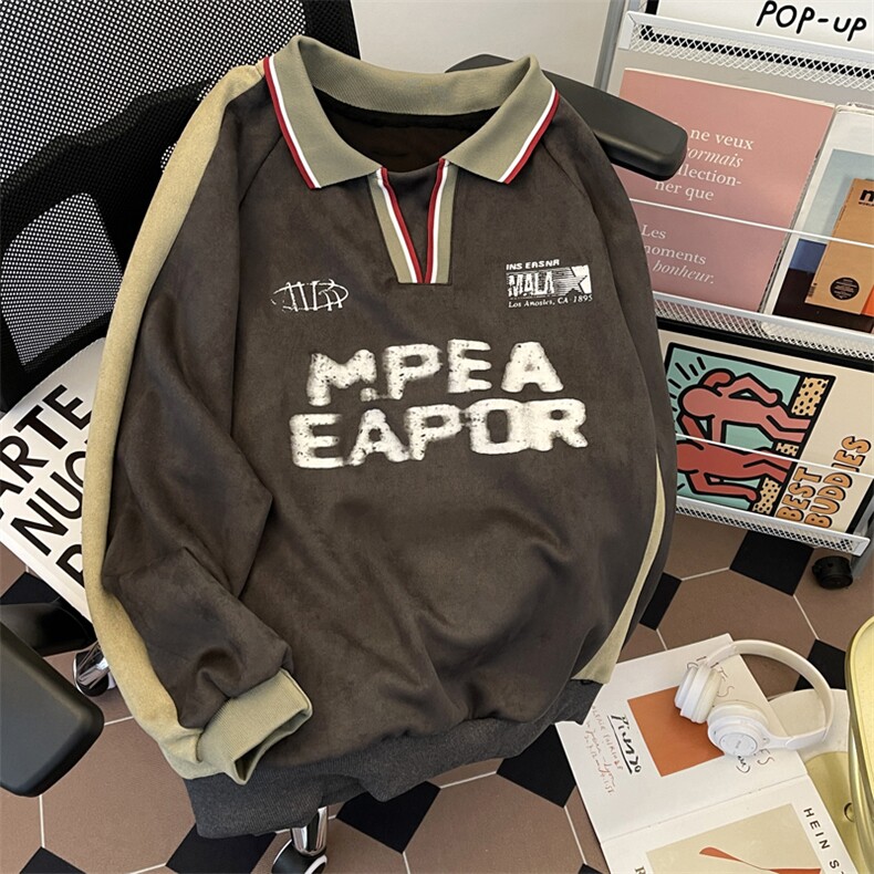 美式秋冬运动撞色Polo衫卫衣男宽松休闲l鹿皮绒上衣潮WY0128-P52,男装卫衣,星座308B-1