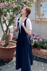 深蓝色假两件蝴蝶结连衣裙2025新淡人初夏流行漂亮小个子法式裙子，女装连衣裙，2C285