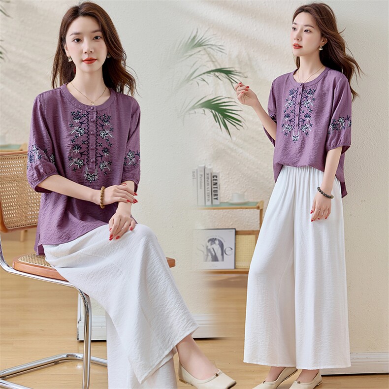 现货套装女贵夫人新款2025夏季刺绣高级感复古天丝棉麻短袖两件套，女装套装/套裙，魅影