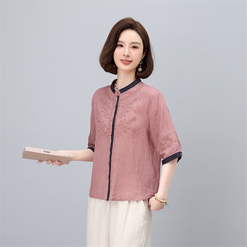 2025夏季新款时尚圆领拼色长袖衬衫女欧洲站高级感苎麻百搭上衣潮,女装衬衫,凝聚力