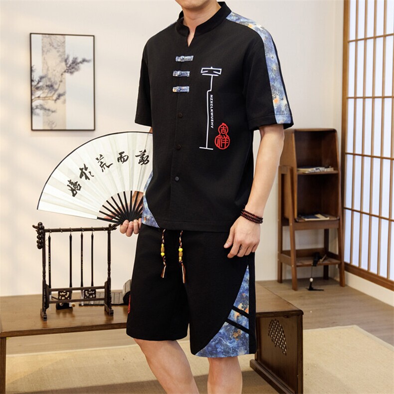 潮风套装男新中式短袖衬衫时尚休闲短裤两件套JZ306-P58,男装休闲套装,星座310B-3