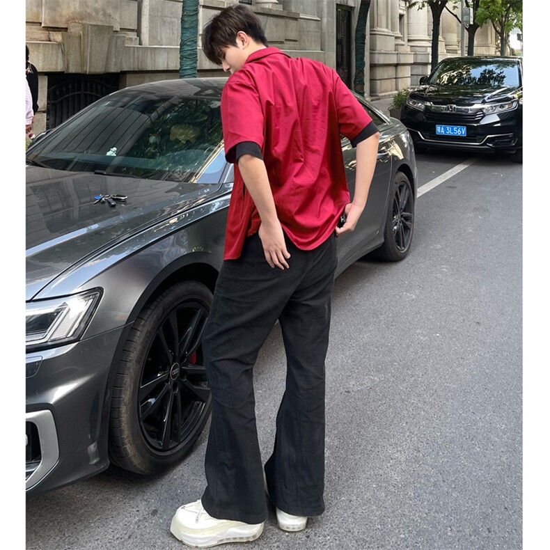 （自家图）红色拉链垫肩短袖衬衫男夏季薄衬衣小众2301-P38,男装衬衫,星座910-5