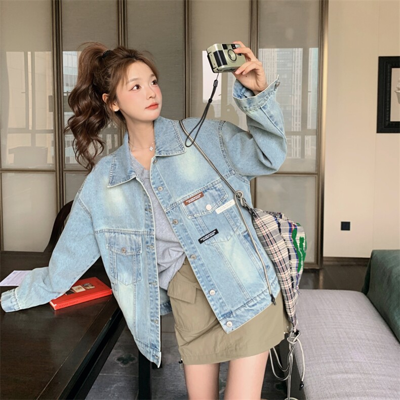 港风做旧复古牛仔外套女春季2025新款美式复古设计感高级感上衣,女装短外套,多米2-075