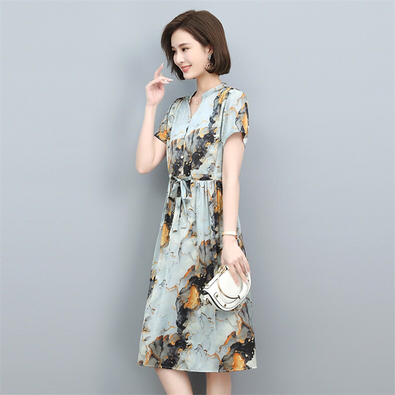 2022夏季新款复古印花雪纺连衣裙优雅显瘦V领短袖长裙,女装连衣裙,依恋蒂丝