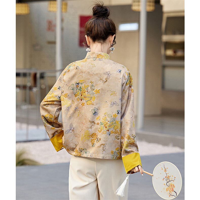 韩城.轻奢新中式碎花小外套复古风卷边宽袖女2025春盘扣上衣洋气u,女装短外套,牡丹诺