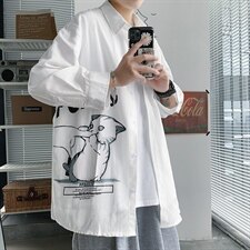 2021夏季新港风短句日系大码男猫咪印花宽松七分袖衬衫C3005-P45，男装衬衫，电商A001