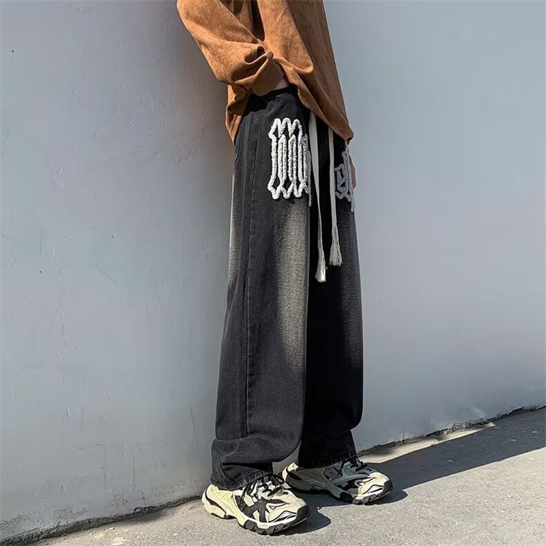 毛巾绣牛仔裤春秋美式复古做旧宽松直筒长裤ins高街潮牌vibe裤子,男装牛仔裤,星座910A