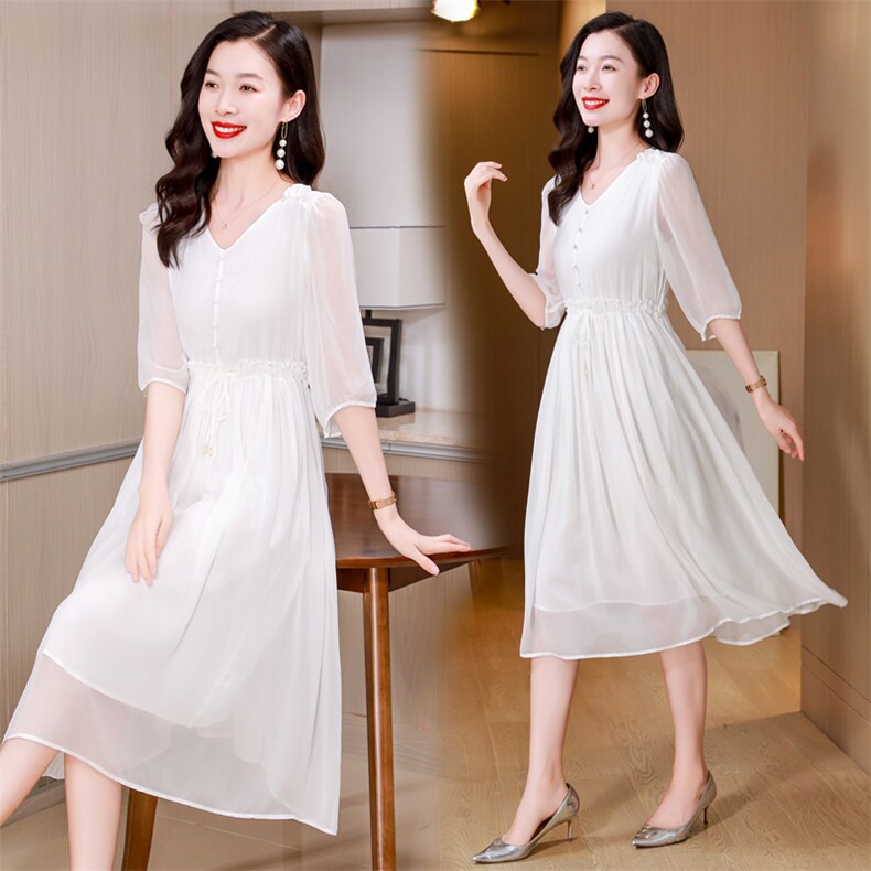 v领纯色桑蚕丝长裙女2025夏装新款抽绳通勤气质款收腰真丝连衣裙,女装连衣裙,阿舍尔精品