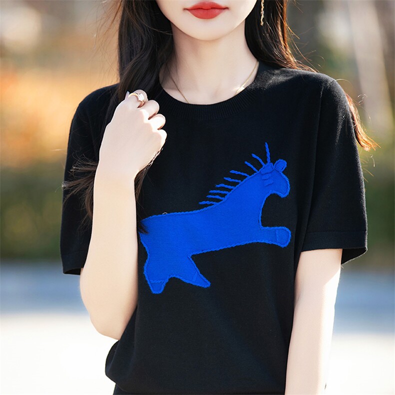 春夏刺绣小马精纺羊毛衫针织短袖T恤女圆领拼色宽松半袖打底上衣,女装T恤,片语羊绒