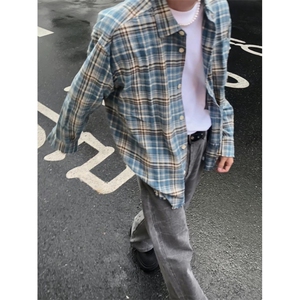 美式流苏破坏格子衬衫秋潮牌小众毛边设计男女衬衣外套CY1225-P31图片