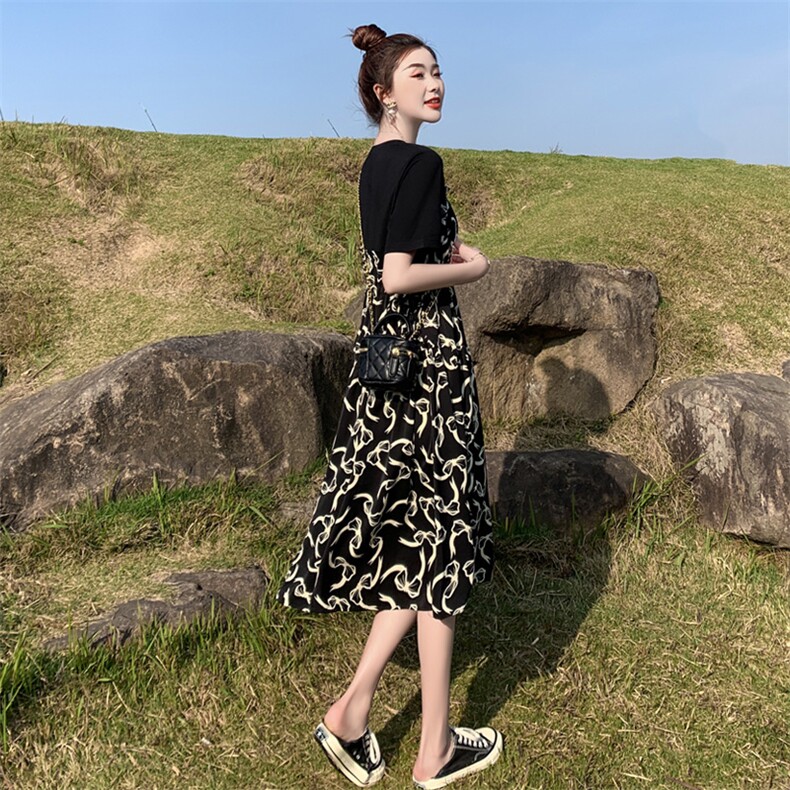 2025年夏季新款遮肚显瘦连衣裙女假两件孕妇宽松大码碎花中长裙子,女装连衣裙,半夏