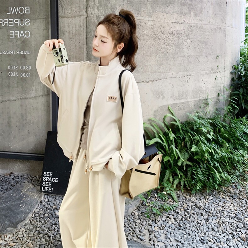 韩系休闲运动套装女2025秋季新款慵懒松弛感立领卫衣阔腿裤两件套,女装套装/套裙,2C158