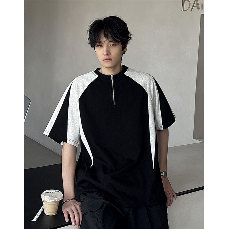 现货美式高街翻领痞帅短袖T恤男夏季半拉链拼接上衣,男装T恤,电商C307