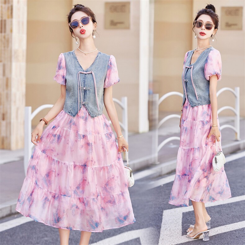 新中式国风套装裙女夏季小个子炸街减龄时尚牛仔拼接半身裙两件套，女装套装/套裙，慕依路