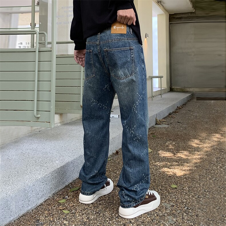 B230档2025秋冬新款美式复古宽松直筒个性抓痕牛仔裤男9132P95,男装牛仔裤,电商B230