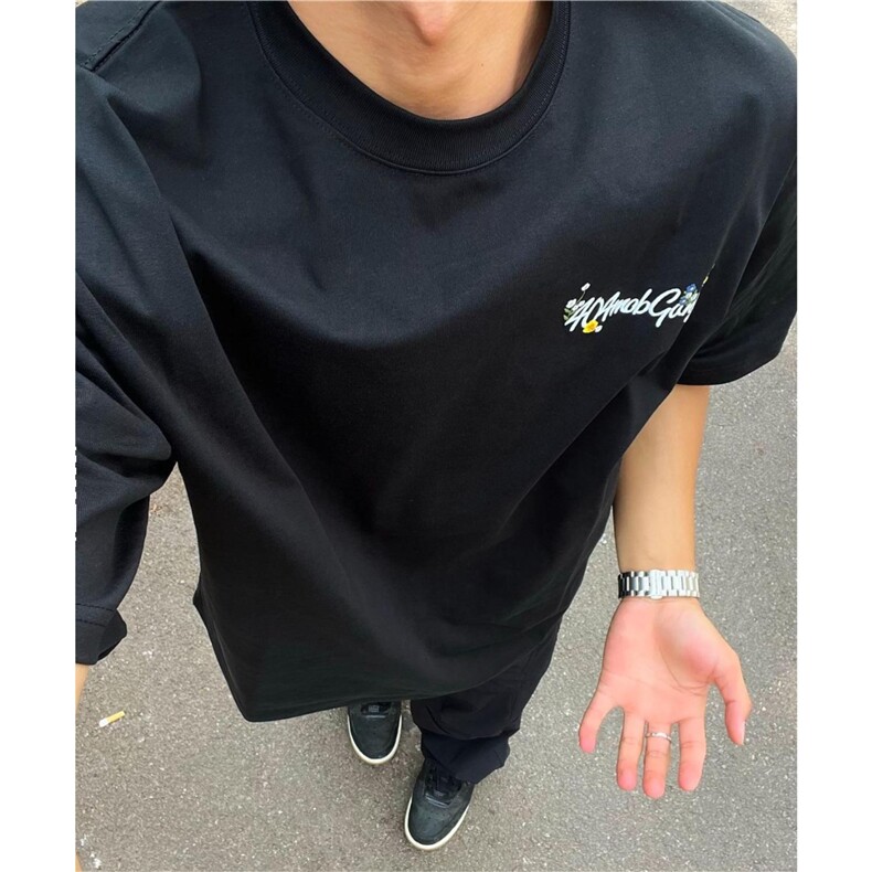 全幅蜜蜂花卉刺绣短袖T恤男女美式潮牌夏季宽松凉感休闲半袖上衣,男装T恤,星座1210-1