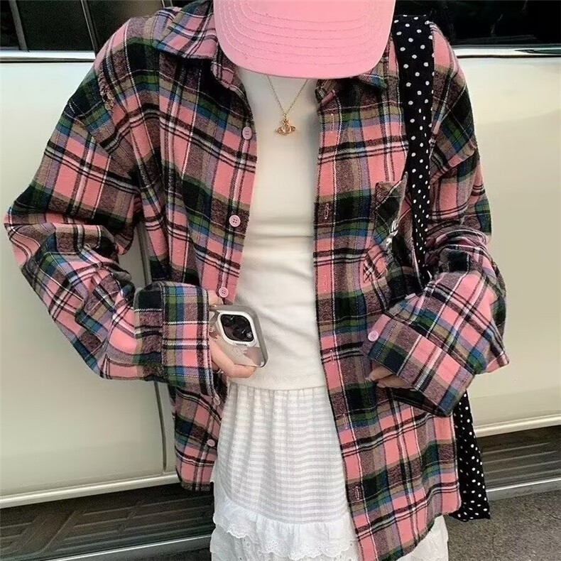 粉色甜酷撞色格子衬衫女春秋季宽松气质长袖上衣XCS59,男装衬衫,星座208-5