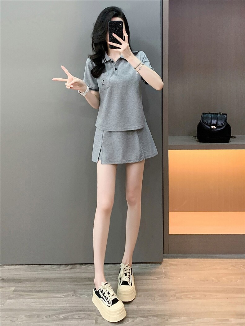 学院风时尚简约套装裙女夏新款修身显瘦Polo领短袖T恤裤裙两件套,女装套装/套裙,江南