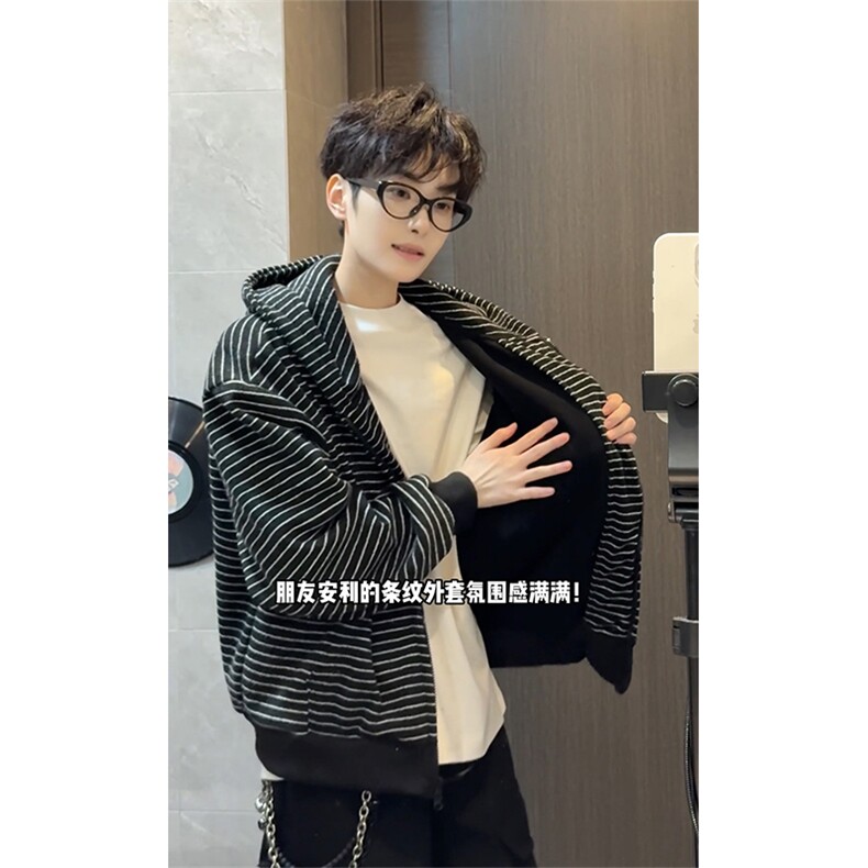 加绒条纹连帽卫衣美式复古开衫短款外套男女5D1202-TP65118,女装短外套,电商A102