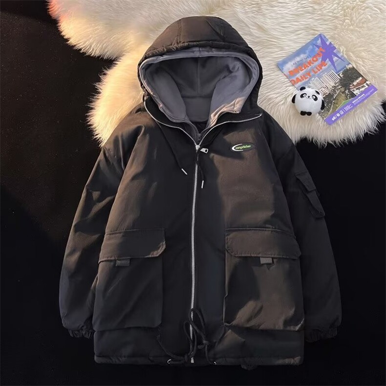 工装衣男假两件冬季加厚袄连帽服宽松潮牌情侣外套1237-p99,男装棉衣,星座1008