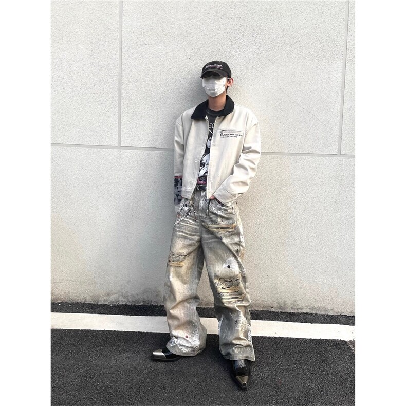 小众个性3D珠串印花宽松直筒牛仔裤长裤男女潮,男装牛仔裤,星座218-1（原230）