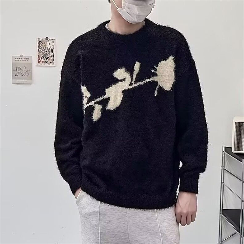 G110-P57 2025新款暗黑系玫瑰花水貂绒毛衣小众宽松原创简约图片