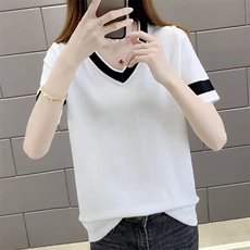 冰丝短袖女夏季2025新款拼色t恤女宽松遮肚上衣时尚洋气黑色体恤，女装针织衫/毛衣，萱芳婷羊绒