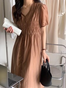 连衣裙XILYDIA韩夏季翻领抽绳系带收腰显瘦韩版长裙,女装连衣裙,香丽迪1