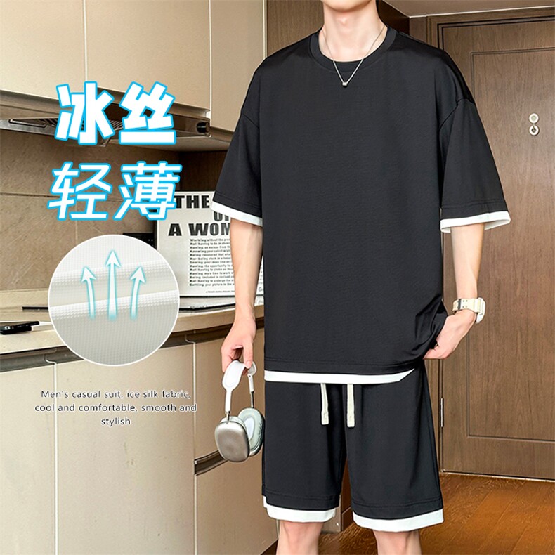 特批P55无差价夏季假两件拼接冰丝短袖短裤男运动潮两件套装TZ303图片
