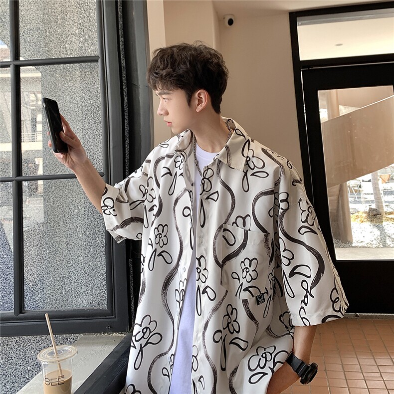 2025夏季新款男士休闲宽松尖领男士大码花衬衫C93/P4559，男装衬衫，电商A148